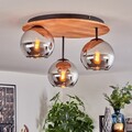 Retro Deckenlampe aus Metall/Holz/Glas, Schwarz/Natur, Glasschirme Chrom/Rauch
