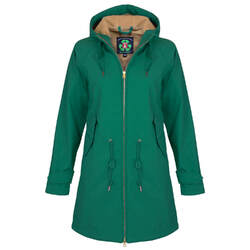 Derbe Damen Softshell Jacke Mantel Übergang vegan Kapuze goldene Applikationen