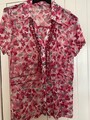 Mesh Damen Bluse kurzer Arm Gr. 44 rot gemustert Knopfleiste mit Rüschen