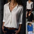 Damen V-Neck Knopf T-Shirt Top Tunika Langarm Freizeit Hemd Blusen Oberteile DE