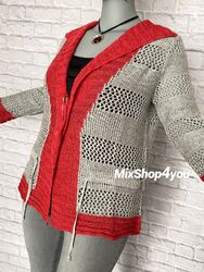 Bader° Longjacke Strickjacke mit Anstecknadel und Gürtel hellgrau/rot  36-48 neu