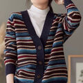 Gestreifter Damen-Strickpullover Jacke V-Ausschnitt Knopf Mäntel Cardigan Oberteil Locker Oberteil