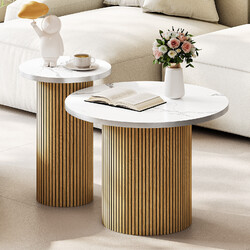 2er Couchtisch Set Beistelltisch Marmor Optik Wohnzimmertisch Rund Sofatisch