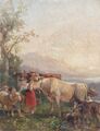 Kinder mit Kühen & Schafen in einer idyllischen Berglandschaft, Gemälde, 19. Jh.