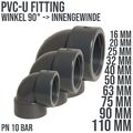 PVC-U PVC Klebe Fittings 90° Winkel Bogen Innengewinde IG Muffe PN 10 Bar