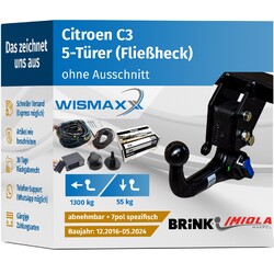 ANHÄNGERKUPPLUNG vert. abnehmbar passt für Citroen C3 ab 16 +7pol E-Satz BRINK