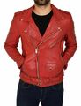 Herren Echt Lammfell Weiche Lederjacke Motorrad Stilvoll Gürtel Rot Mantel