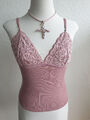 ITALY sexy PARTY STRAND TOP Rosa mit edler SPITZE Rippstrick Jersey Gr. XS