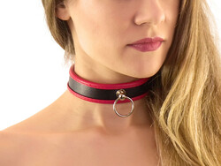 BDSM Halsfessel Ring der O schwarz rot Slave schmal Halsband Bondage leder n5735
