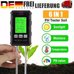 6 in 1 PH Wert Messgerät Erde Bodentester Bodenmessgerät Feuchtigkeitstester NEU
