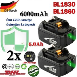 2er Set 18V 6,0Ah für  Makita Akku BL1860B 197422-4 BL1850B BL1830 LED t