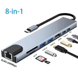 USB-C Hub 8-IN-1 Adapter 4K HDMI USB 3.0 LAN RJ45 Ethernet Micro SD Kartenleser