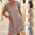 Sommerkleid aus Baumwolle und Leinen mit Rundhals und Kurzarm für Damen