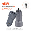 SAVANA Auto Schnell Ladegerät 45W Dual USB-C + 1.2m USB-C Kabel PD/QC KFZ Plug