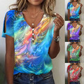 Damen Tie-Dye V-Neck T-Shirt Hemd Tops Schulterfrei Knopf Freizeit Tunika Blusen