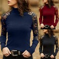 Damen Spitze Langarm T-Shirt Rollkragen Hemd Party Tops Freizeit Bluse Oberteile