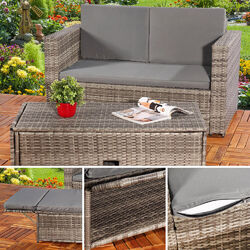 Lounge Gartenmöbel Sofa Bank Tisch klappbar Rattan Gartenset Sitzmöbel grau NEU✔ Flechtoptik ✔ mit Staufach ✔ 3in1 Liege & Tisch