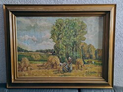 Altes Gemälde Öl auf Leinwand bäuerliches Motiv Kornernte signiert 1947