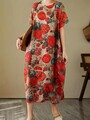 ❣️Cottage Muster Kleid Taschen Leinen lagenlook orange Kurzarm Boho 42 XL 44 2XL