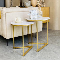 2er Set Couchtisch Marmor Kaffeetisch Beistelltisch rund Sofatisch Wohnzimmer