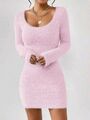 Strickkleid Teddy Flauschig Fleece Weich Kleid Mini Langarm Pulli-Kleid XS-XL 