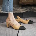 Frauen Spitz Blockabsatz Kunstleder Pumps Französisch Retro Slingback Schuhe