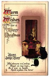Postkarte warme Wünsche für frohe Weihnachten schwarz Katzentuck 5628 geprägt vergoldet