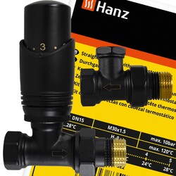 SCHWARZ Deco Heizkörperventil Durchgang SATZ 3im1 1.2 Zoll Heizung Thermostat 12