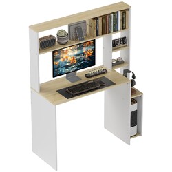 Computertisch, Schreibtisch mit offenen Regalen, Ablagefächer, Hellbraun+Weiß