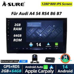 64GB Android 14 AutoRadio GPS Navi Carplay DAB+ AHD Kam Für Audi A4 S4 RS4 B6 B7