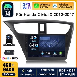 DAB+ 4+64G Android 14 Autoradio Carplay GPS Navi KamFür Honda Civic IX 2012-2017