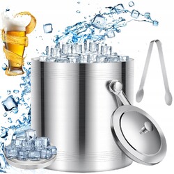 2L Edelstahl Eiskühler Eiswürfelbehälter Eiseimer Eiskübel mit Deckel & Eiszange
