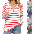 Damen Streifen Sweatshirts lässig locker Kapuze V-Ausschnitt Hoodies Tops Pullover GRÖSSE