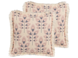 Dekokissen 2er Set mit Füllung beige Pflanzenmotiv 60 x 60 cm Fransen Rudbeckia