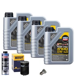 Motoröl 5W40 LIQUI MOLY Top Tec4100 4L+HENGST Ölfilter+Spülung+Ölablassschraube