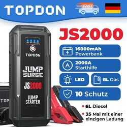 Topdon JS2000 2000A KFZ Starthilfe Powerbank Jump Starter Ladegerät Booster LED ⭐⭐⭐⭐⭐ 10000+ Verkauft✅16000mAh✅Supersicher✅35 B*oost