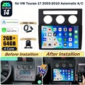 DAB+ 64G Android 14 IPS Autoradio Carplay GPS Navi Kam für VW Touran 1T1 1T2 1T3