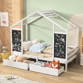 Kinderbett Hausbett 90x200 cm,Kiefernholz Hausbett Mit Tafel,Dach,Schubladen
