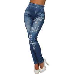 Thermo High Waist Leggings Blumen Blätter Strass Hose Jeans Look Jeggings Fell