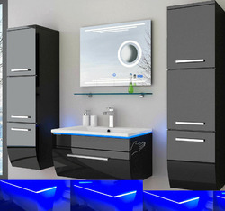Badmöbel Set schwarz oder weiss hochglanz Kosmetik Desgin Badezimmermöbel LEDUhr *****Vormontiert, Softclose, LED Touch, Hochglanz ****
