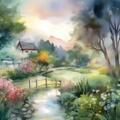 Wandbild: Aquarell ländliche Landschaft mit einem Fluss und einem Holzhaus [...]