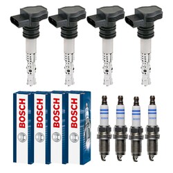 4x FEBI BILSTEIN Zündspule +4x BOSCH Zündkerze Laser Platinum für Ford Focus II