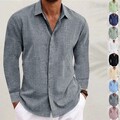 Herren Leinen-Optik Langarm Freizeithemd Tops Knopf Shirt Bluse Oberteile Hemden