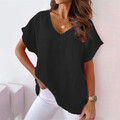 Damen Baumwolle Leinen Tunika Oberteile V-Neck-T-Shirt Locker Bluse Übergröße DE