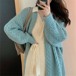 Damen Mittellanger Cardigan Mantel Strickpullover Grobstrick Locker DE