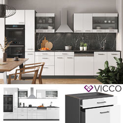 Küchenzeile Küchenblock Einbauküche R-Line 350 cm Anthrazit Weiß Hochglanz Vicco