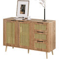 Sideboard mit Rattangeflecht, Küchenschrank mit 2 Türen und 3 Schubladen Natur