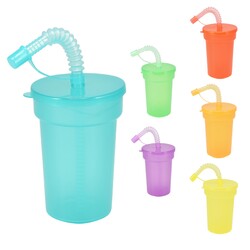 Kinder Becher mit Trink Halm + Deckel 6er Set - Camping Reise Wasser Glas 380 ml