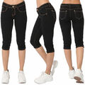Damen Capri 3/4 Bemuda Jeans Kurze Hose Shorts Sommerhose Stretch Hüft Schwarz 