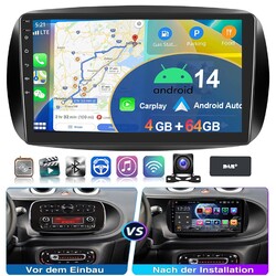 4G+64G Android 14 +Kam Für Benz Smart Fortwo 453 Autoradio Navi WIFI CarPlay DAB